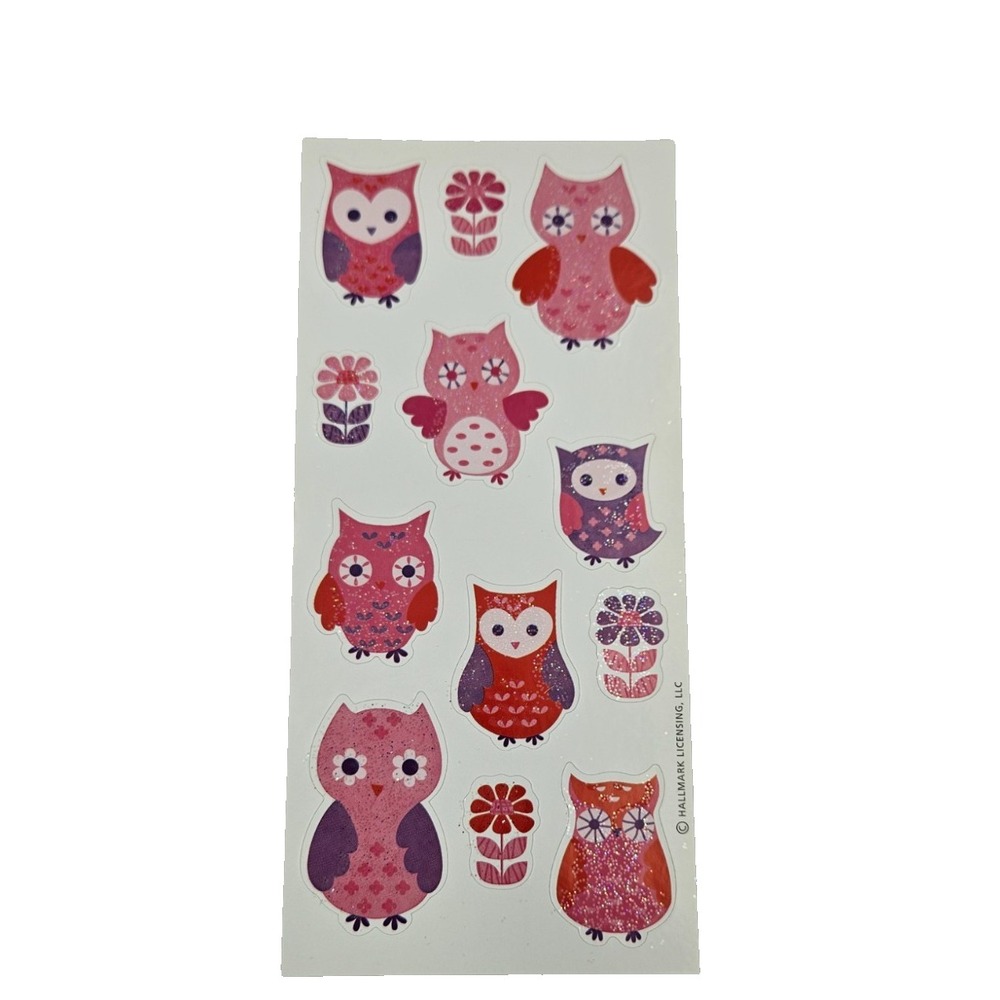 Hallmark Owl Stickers Glitter Pink Purple Flowers Scrapbook Planner Craft Sheet